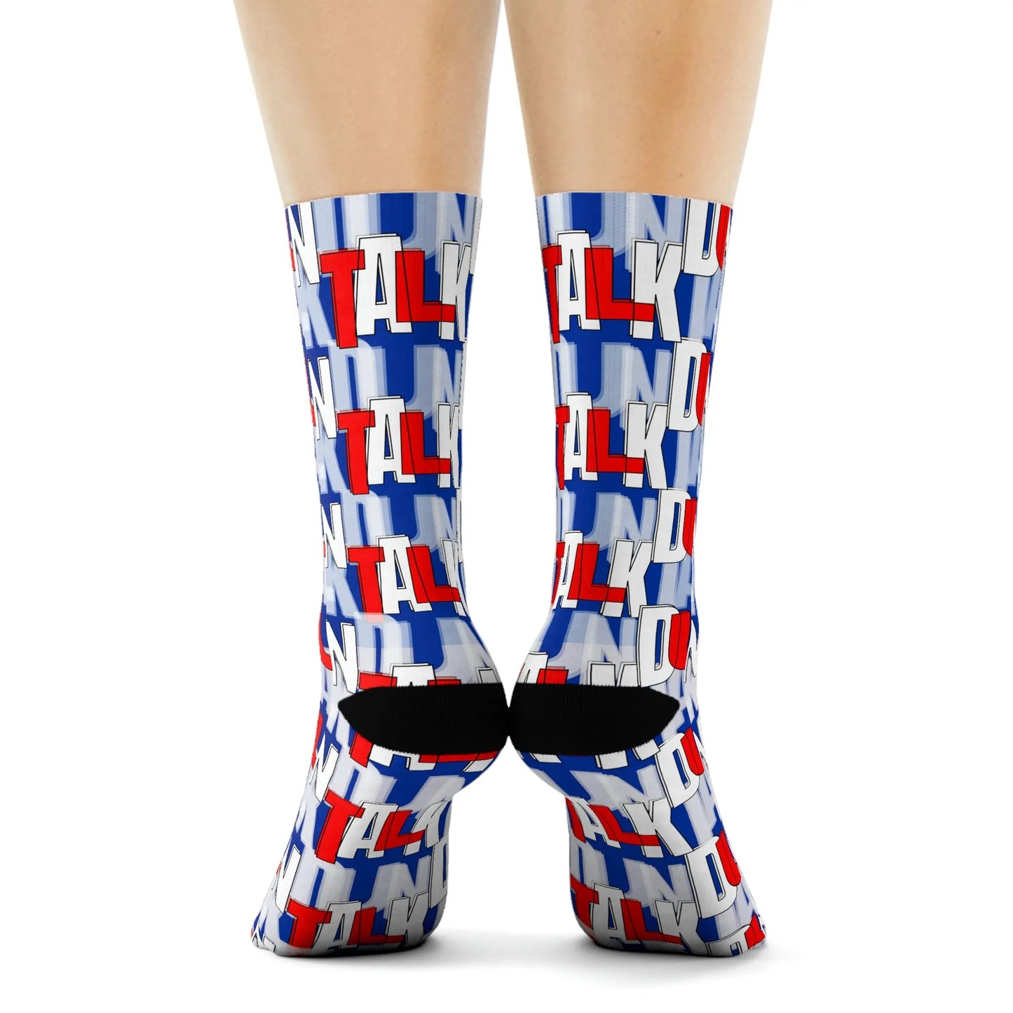 Blue socks with "Duntalk" print written in red and white covering the whole sock