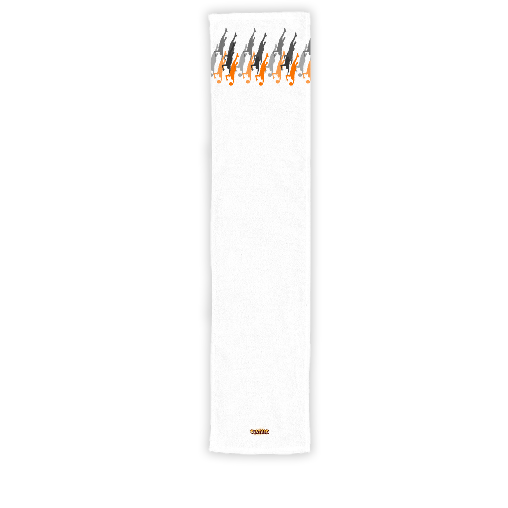 White towel with orange "duntalk" printed on one end. grey orange and black dunking silhouette in a row on the other end. 