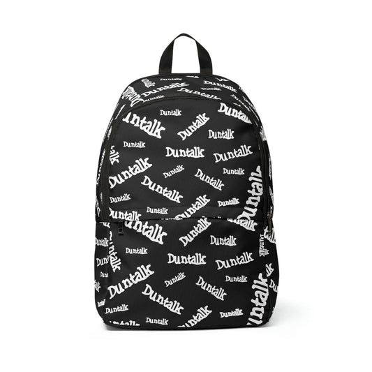 Black backpack in white print writing saying "Duntalk" with large and small pocket