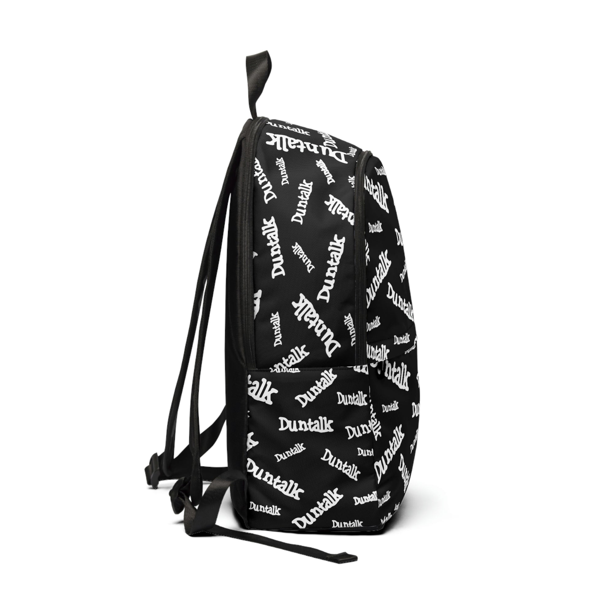 Black backpack in white print writing saying "Duntalk" with large and small pocket