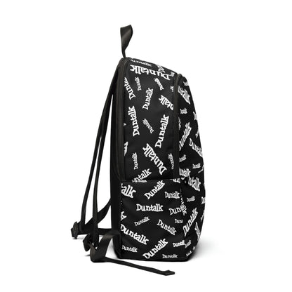 Black backpack in white print writing saying "Duntalk" with large and small pocket