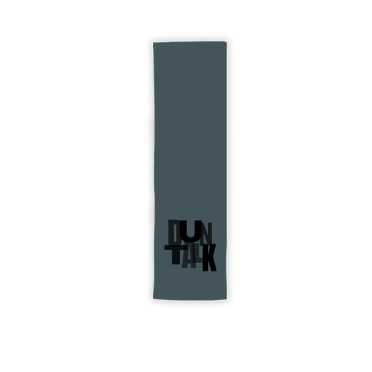Gray gym towel with dark gray and black writing on the right side saying "Duntalk"