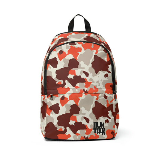 Camouflage backpack with orange, gray, white and brown colours all over. Large pocket and "Duntalk" written in black on the bottom left side of the small pocket.