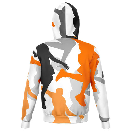 Back of white zipper hoodie. Black, orange and grey dunking silhouettes printed on the hoodie.