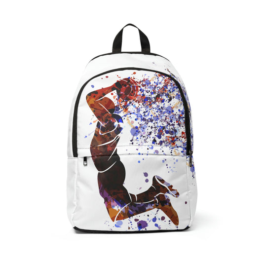 White backpack with black trim, and a black zipper for a large pocket. Second black zipper for a smaller front pocket. Colorful dunking basketball silhouette on the front with a multicolored paint splash 