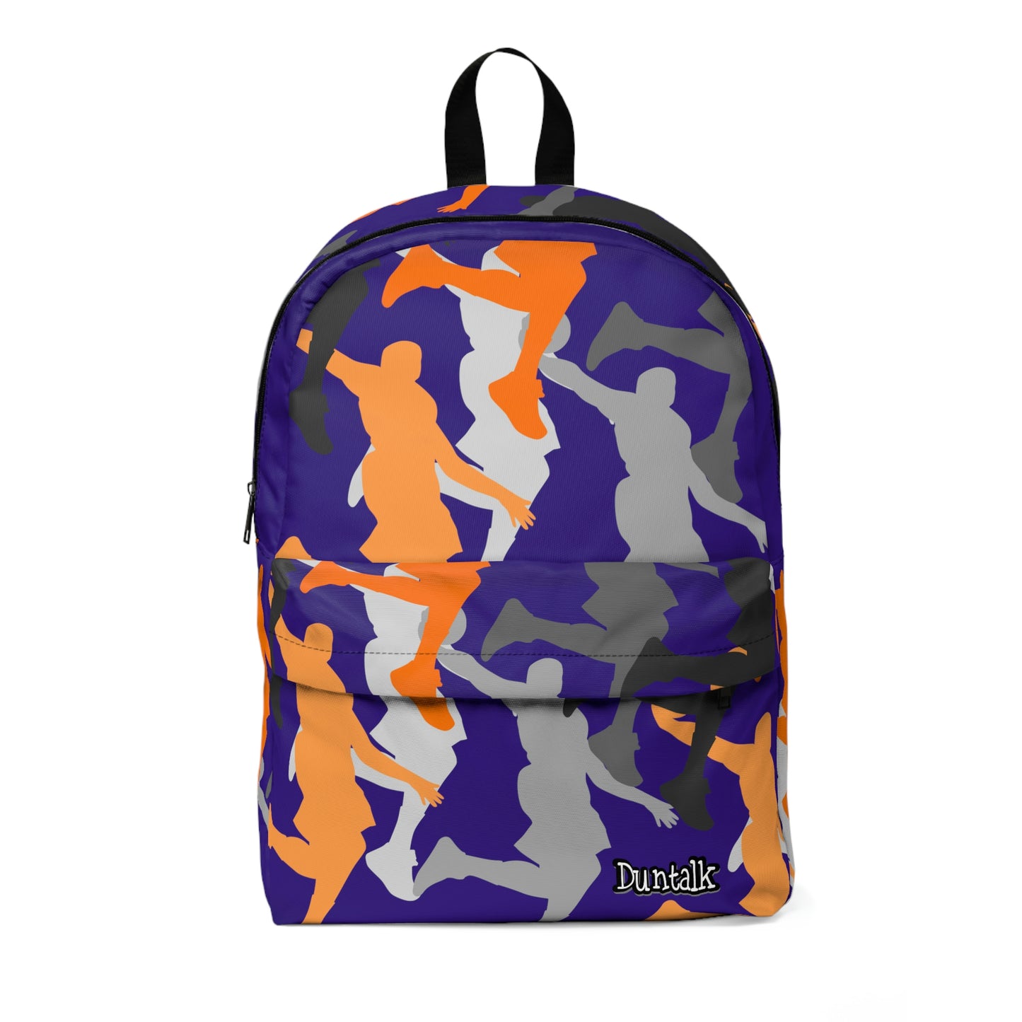 Purple backpack with yellow, grey and black dunking silhouettes printed all over. Small zipper pocket located on the front with "Duntalk" written in yellow on the bottom corner.