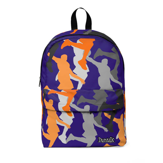 Purple backpack with yellow, grey and black dunking silhouettes printed all over. Small zipper pocket located on the front with "Duntalk" written in yellow on the bottom corner.