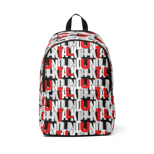 Black backpack with "Duntalk" print written in red and white with large and small pocket