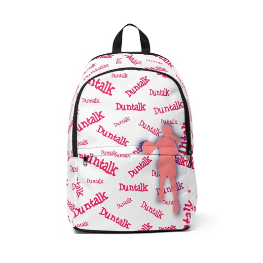 White backpack with "Duntalk" print written in pink with pink basketball figure on the left side or the bag and large and small pocket