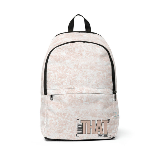 White backpack in pink mud print with large pocket and smaller pocket on the front. Words on the front right side saying "Like That Duntalk"