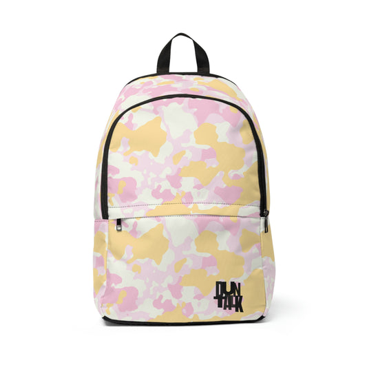 Camouflage backpack in pink, white, yellow and light pink print all over backpack. With large pocket and with "Duntalk" written on the bottom left side of the small pocket.