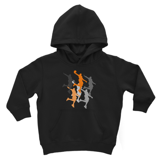 Black hoodie with center connected pocket. Grey, orange and white silhouettes printed in the center. 