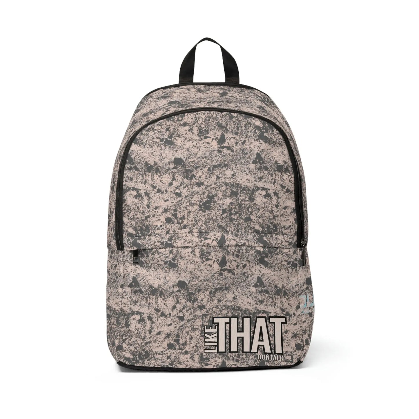 Pink backpack in dark gray mud print with large pocket and small pocket on front.