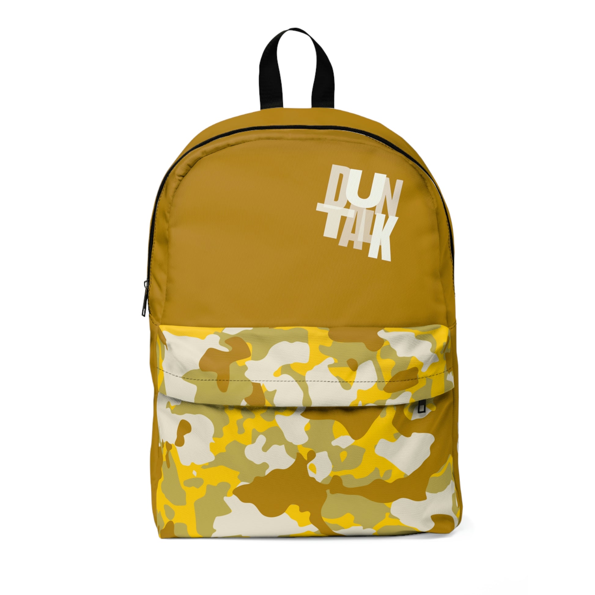 Dark yellow backpack with white "Duntalk" text on the top left side of the large pocket. Camouflage print in yellow, white and dark yellow on only the small pocket
