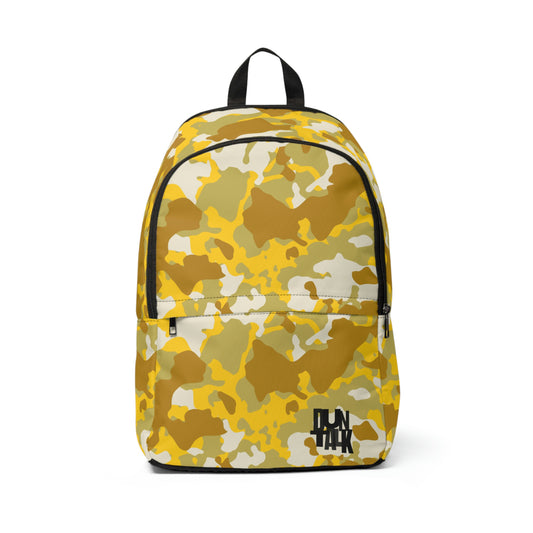 Camouflage backpack with print in white, yellow, green and dark yellow with "Duntalk" written in black on the bottom left side. Includes large and small pocket 