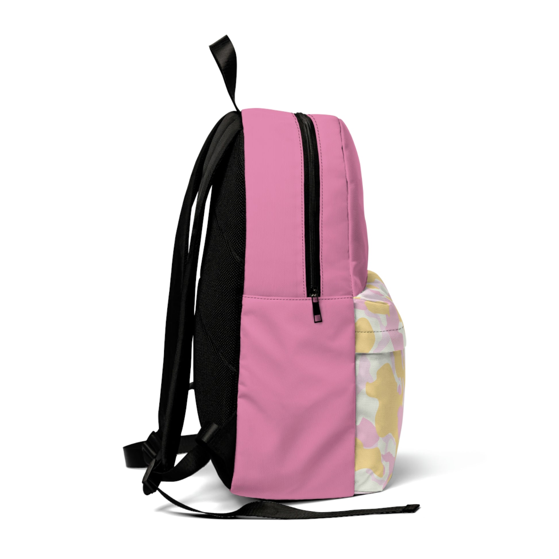 Pink backpack with white "Duntalk" print written on the top left side of the large pocket. Camouflage with pink, white, yellow, and light pink on the small pocket. Black on the backside where straps are located.