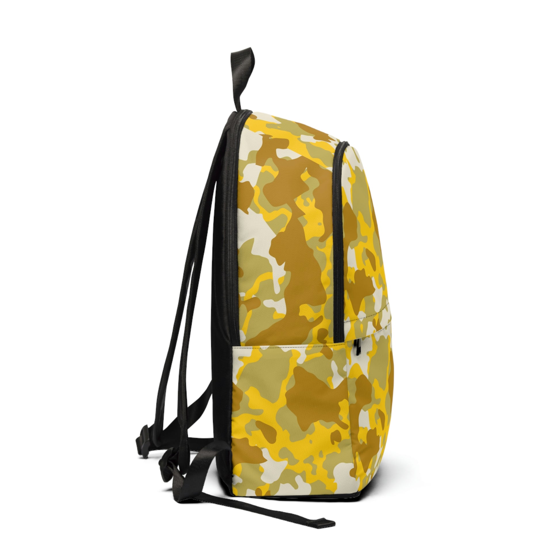 Camouflage backpack with print in white, yellow, green and dark yellow with "Duntalk" written in black on the bottom left side. Includes large and small pocket