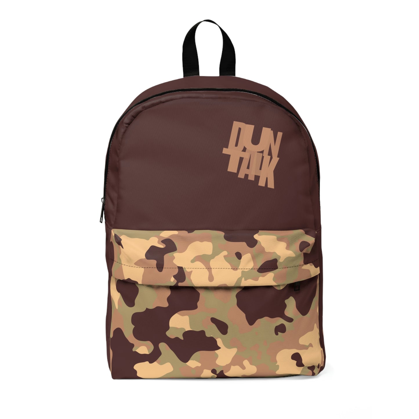 Dark brown backpack with "Duntalk" print written in light brown on the large pocket. Camouflage in green, brown, light brown, and nude on the smaller pocket.