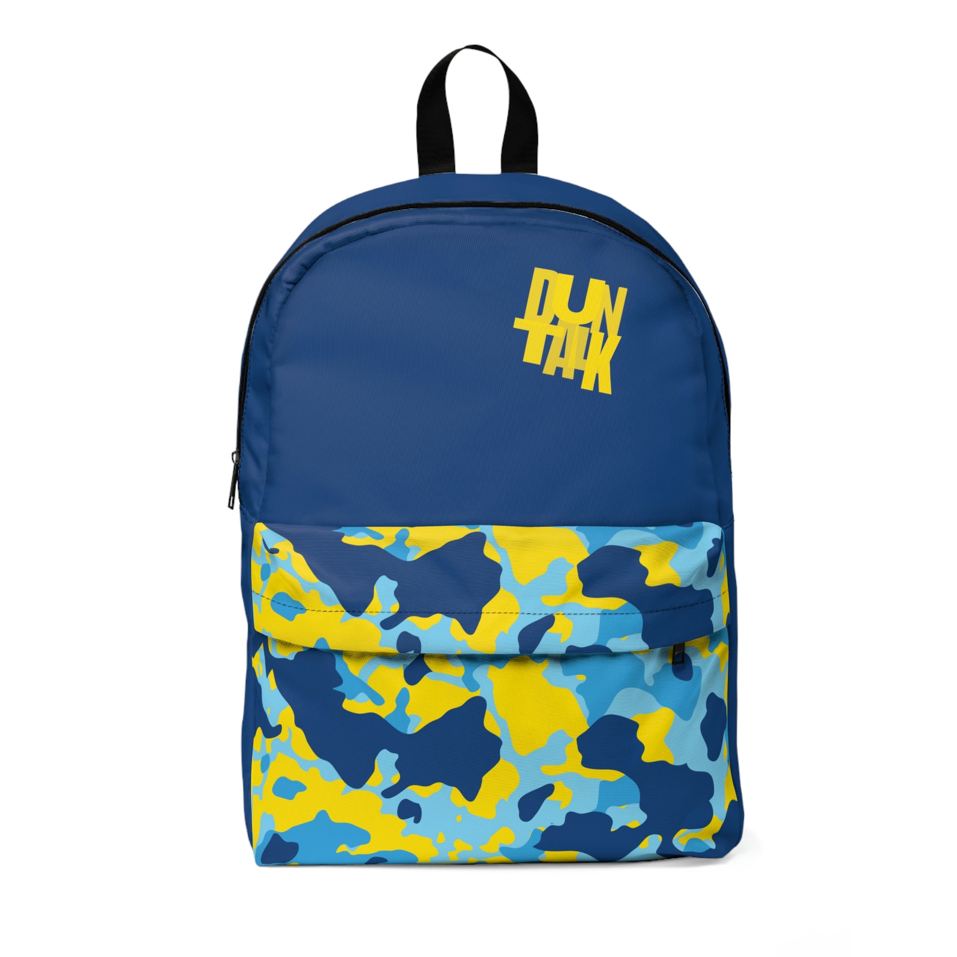 Dark blue backpack with "Duntalk" print written in yellow on the large pocket. Camouflage in yellow, dark blue, blue and light blue on the smaller pocket.