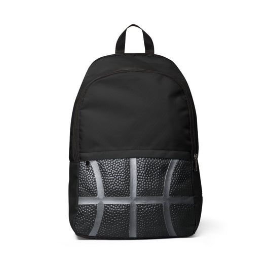 Black backpack with gray basketball design on the small pocket. Also includes a large pocket
