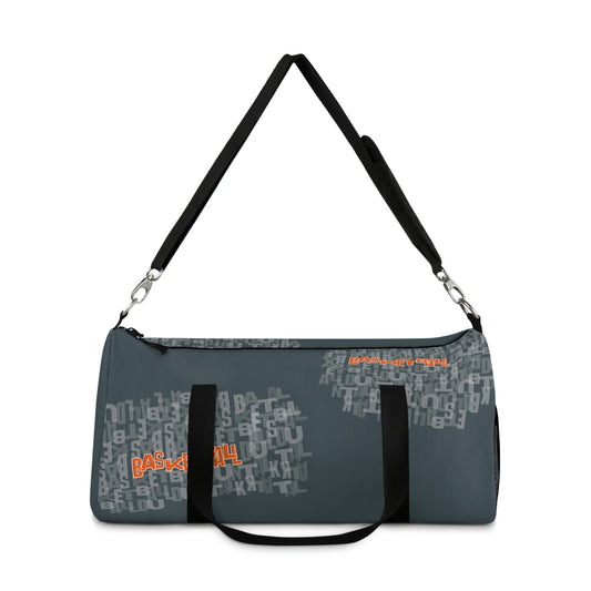 Grey-blue duffle bag with "Basketball" written in patches around the bag. In the center of these patches, "basketball" is written in orange once. Two hand straps and an adjustable arm strap. Net pocket on the side.