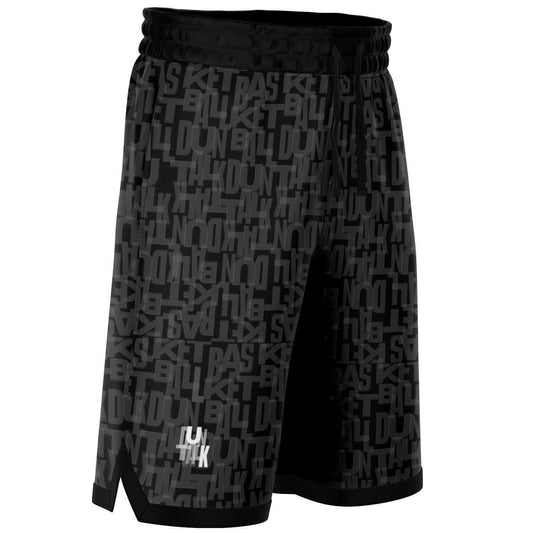 Black basketball shorts in gray print writing saying "Basketball" and "Duntalk" with pockets and waist string