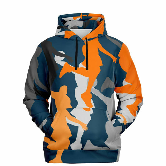 Blue hoodie with black drawstrings and a connected front pocket.. Black, orange and grey dunking silhouettes printed on the hoodie.
