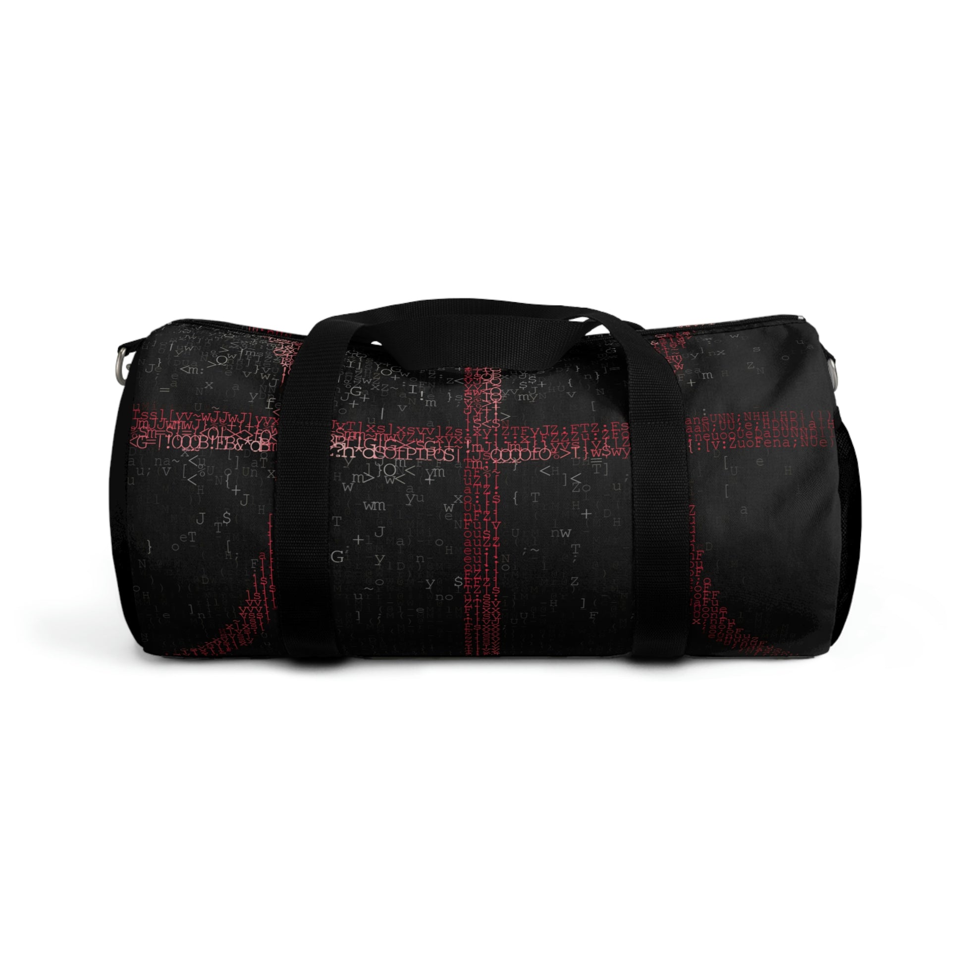 Black duffle bag with red lettering in the shape of basketball stitching. White letters scattered around the bag. Two hand straps and an adjustable arm strap. Net pocket on the side.