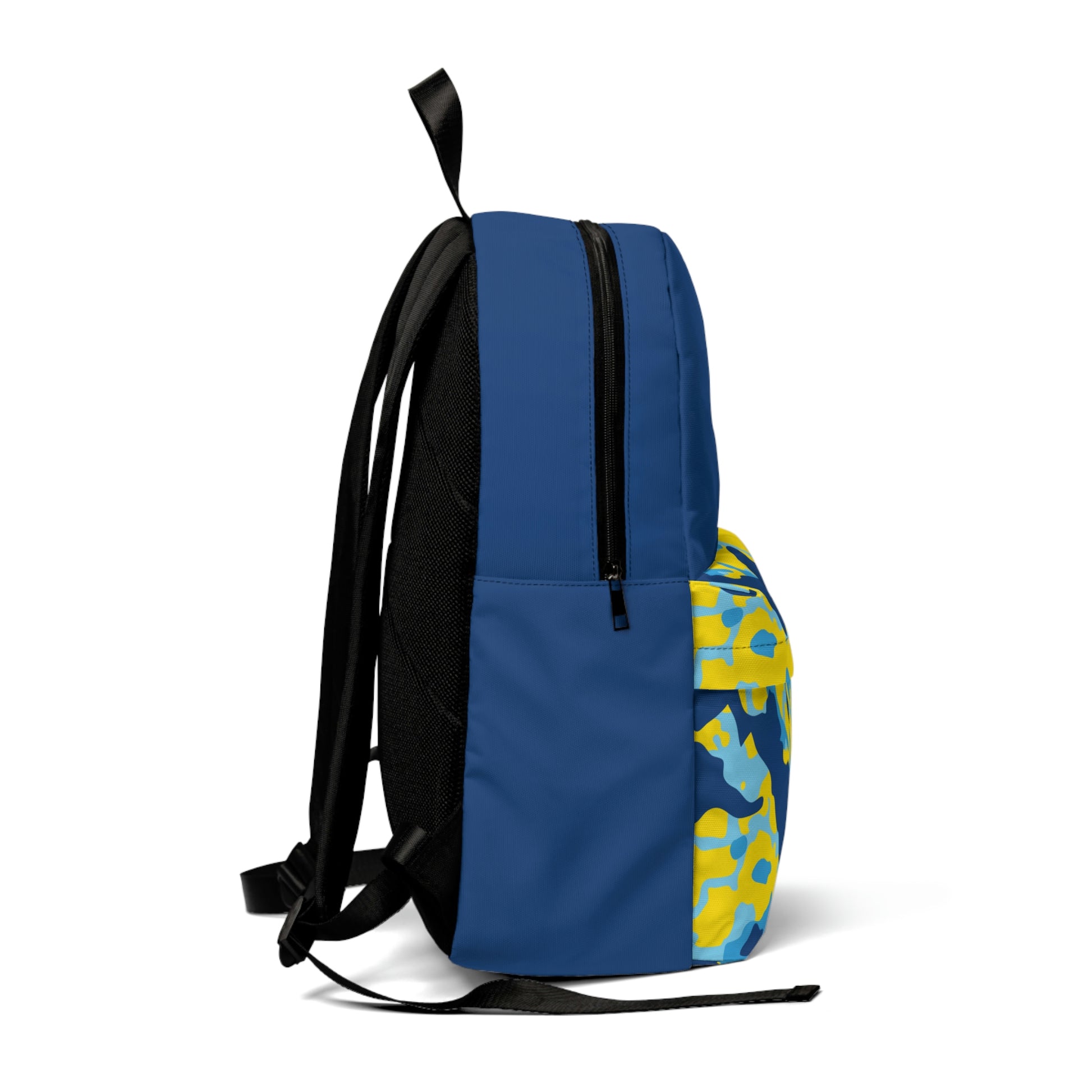 Dark blue backpack with "Duntalk" print written in yellow on the large pocket. Camouflage in yellow, dark blue, blue and light blue on the smaller pocket. Black covering the backside where the straps are.